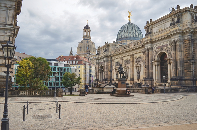 17 - The Dresden Academy of Fine Arts with its iconic glass dome affectionately known as the lemon squeezer alongside the dome of the famous Frauenkirche rising in the background on Brühl's Terrace